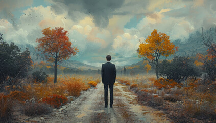 man walking in autumn park. Created with Ai