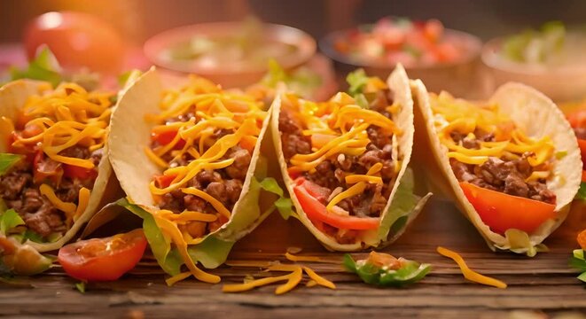 American soft shell beef tacos with lettuce tomato and cheese on wooden table. Concept Food Photography, American Cuisine, Tacos, Soft Shell Tacos, Fresh Ingredients