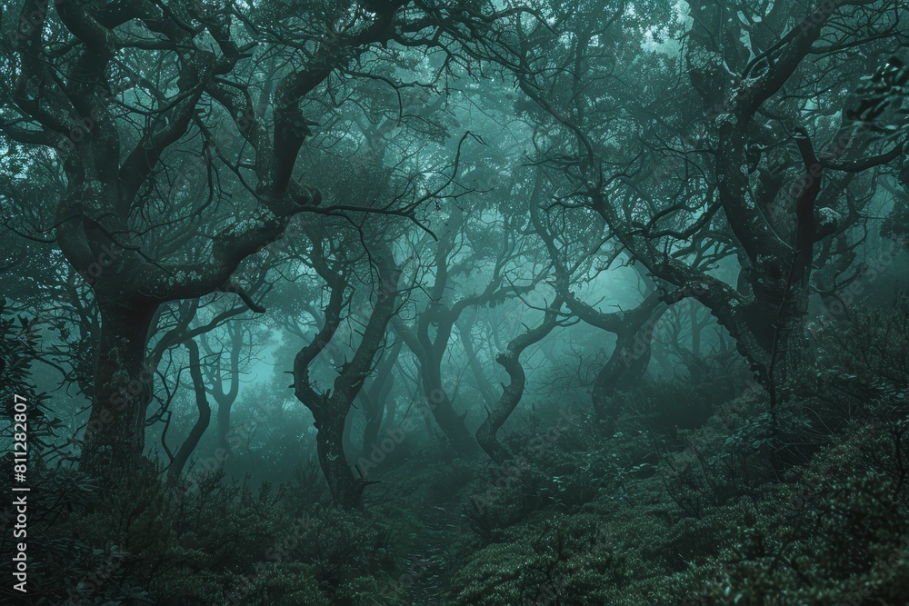 Poster a dense forest covered in fog with numerous trees shrouded in mist, a mystical forest where trees wh