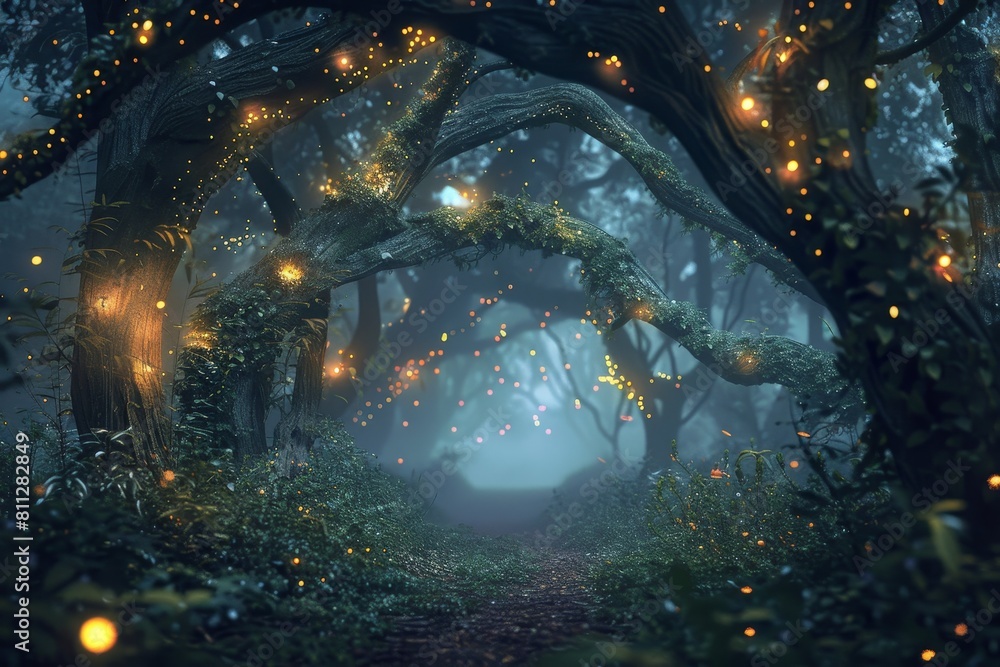 Poster a forest teeming with trees covered in luminous fireflies, a mystical forest with glowing fireflies 