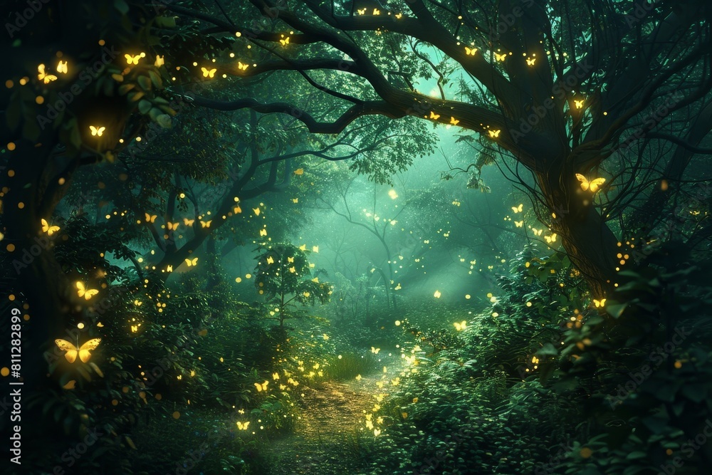 Poster dense forest with numerous yellow lights glowing, creating a mystical and enchanting atmosphere, a m