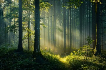 A forest filled with tall trees reaching towards the sky, creating a dense and majestic canopy, A mystical forest where trees whisper secrets of the latest podcast episodes