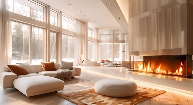 Scandinavian Living Room: Cozy Seating, Large Fireplace, and Minimalist Design. Concept Minimalist Decor, Cozy Atmosphere, Scandinavian Style, Functional Furniture