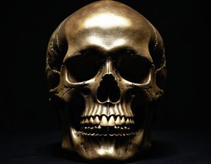 A gold skull positioned prominently against a stark black background, creating a striking visual contrast.