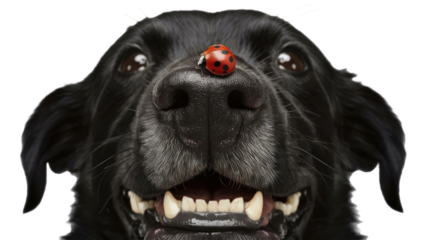 Portrait of a black  dog looking at the camera with a big smile and black spotted ladybug resting on its nose isolated on a white background