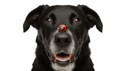 Portrait of a black  dog looking at the camera with a big smile and black spotted ladybug resting on its nose isolated on a white background