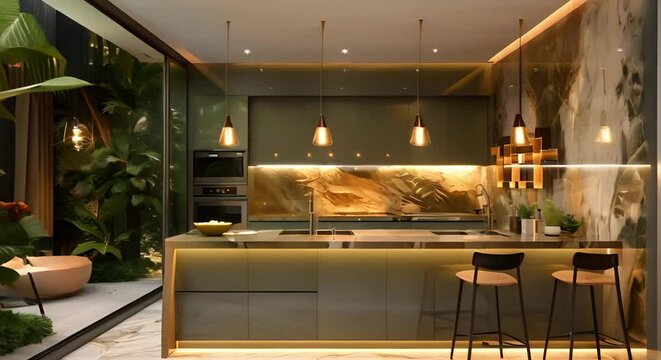 Contemporary Green Kitchen with Marble Island, Pendant Lights, and Lush Greenery for a Stylish Ambiance. Concept Green Kitchen Design, Marble Island, Pendant Lights, Stylish Ambiance, Lush Greenery