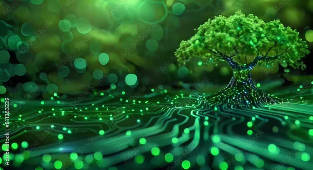 Aufkleber green technology merges with it ethics on a treeinspired computer circuit board. concept technology,