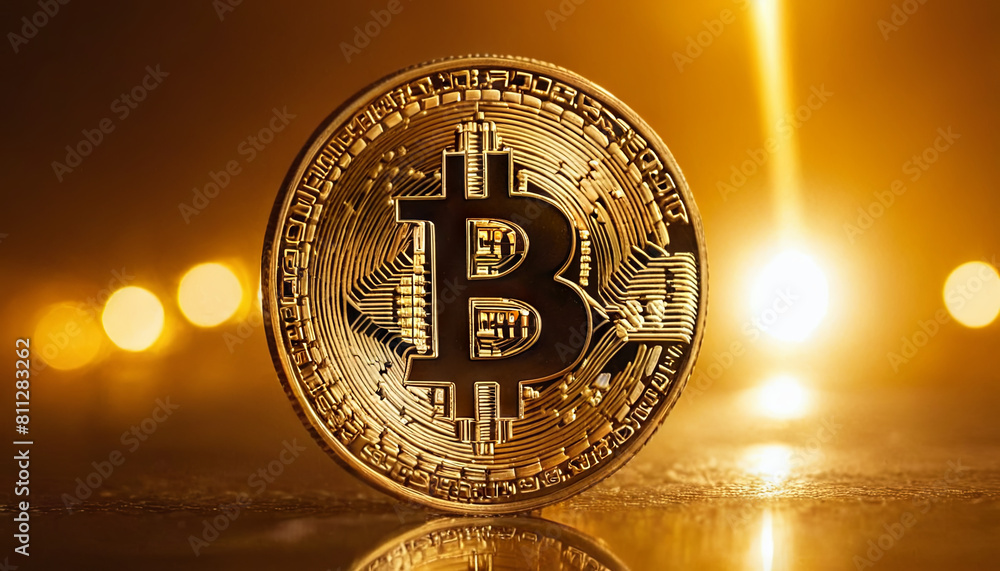Poster a single bitcoin is placed on top of a table, brightly illuminated.