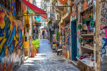 A narrow street filled with colorful graffiti adorning the walls, A narrow alleyway lined with colorful graffiti and street vendors