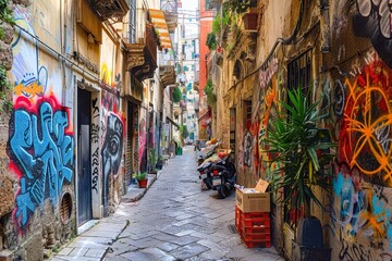 Naklejka premium A narrow passage with vibrant graffiti covering the walls, A narrow alleyway lined with colorful graffiti and street vendors
