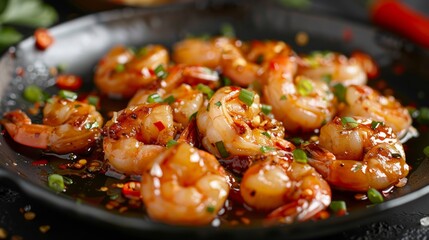 American cuisine. Caramelized shrimp with ginger, garlic and chili. 