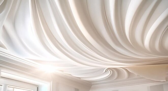 Intricate white stretch ceiling with suspended drywall in vacant apartment or house. Concept Home Renovation, Interior Design, Suspended Ceilings, Vacant Properties, Design Inspiration