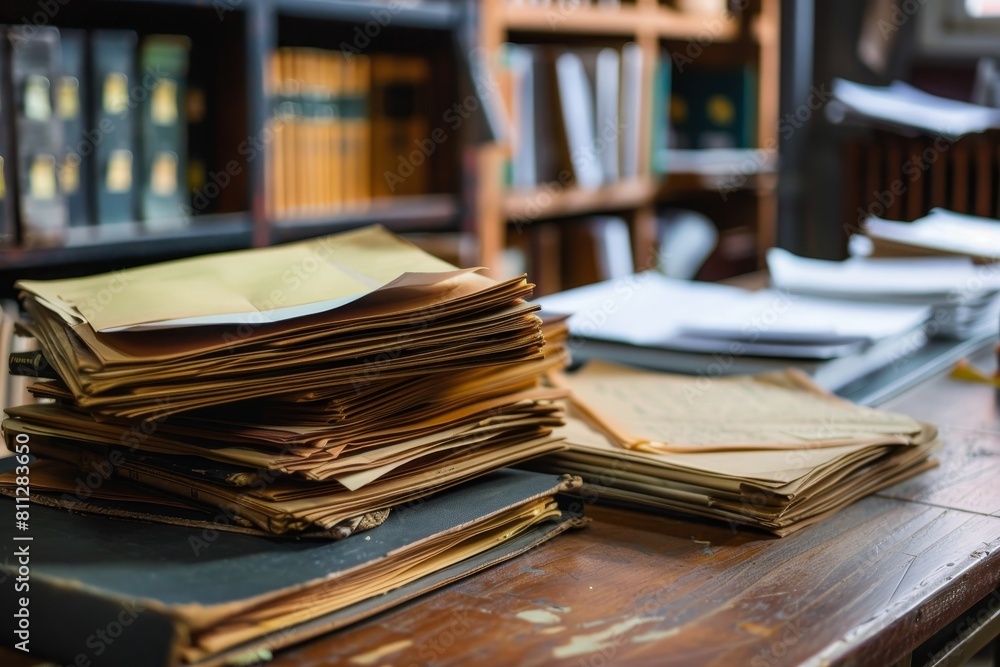 Poster neatly arranged stack of papers on top of a wooden table surface, a neat arrangement of documents on