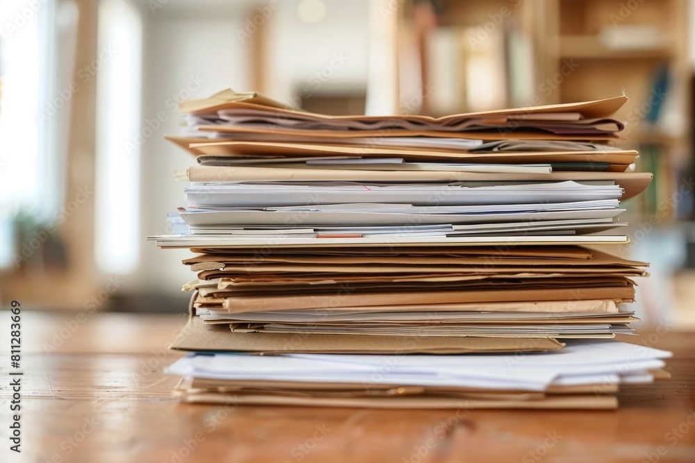 Poster neatly arranged stack of papers placed on a wooden table, a neat arrangement of documents on a woode