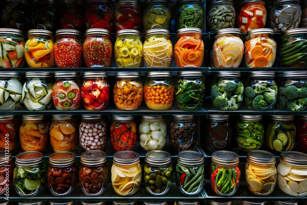 Poster display case filled with various types of fresh vegetables organized neatly, a neatly organized disp