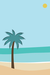 Beach with palm tree. Summer beach party invitation with sun, sea, palm tree and sky. Vector illustration.