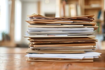 Neatly arranged stack of papers placed on a wooden table, A neat arrangement of documents on a wooden desk