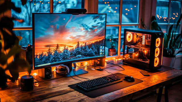 A cozy gaming setup with a desktop computer and monitor displaying a winter landscape, surrounded by warm ambient lights.