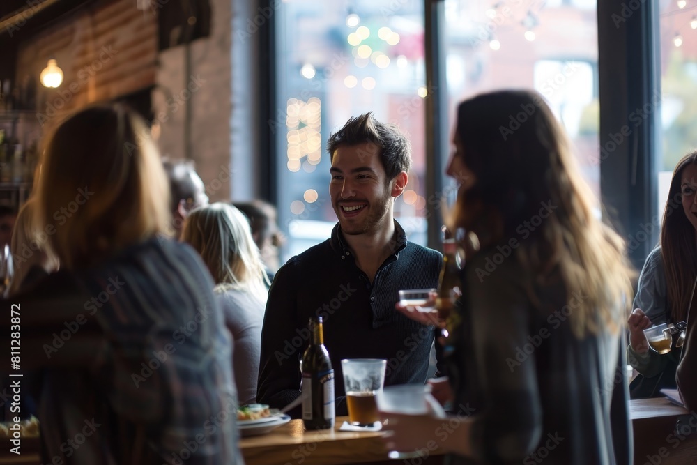 Poster entrepreneurs networking at a table in a restaurant, a networking event where entrepreneurs are enth
