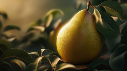 A ripe pear amidst lush green leaves, bathed in soft sunlight, epitomizing freshness and natural beauty.