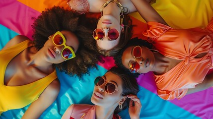 Four beautiful diverse women wearing stylish sunglasses lying on a colorful blanket, smiling and laughing.