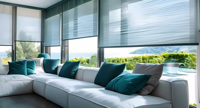 Motorized roller blinds and solar shades for modern automated interior design. Concept Motorized Roller Blinds, Solar Shades, Automated Interior Design, Modern Window Treatments