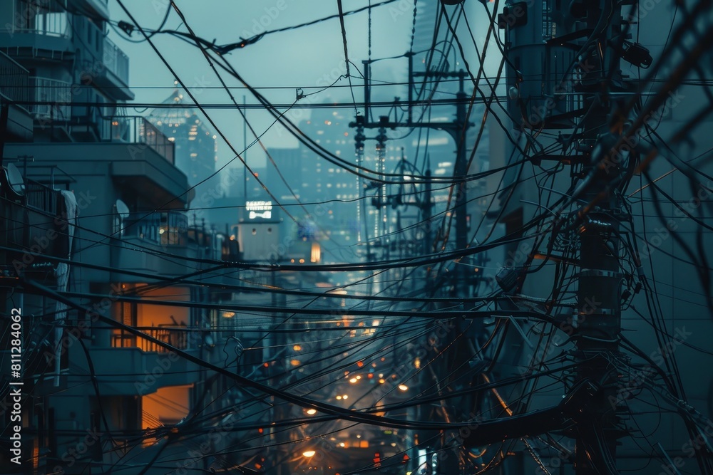Poster city street crowded with multiple power lines and cables creating a complex network above the buildi