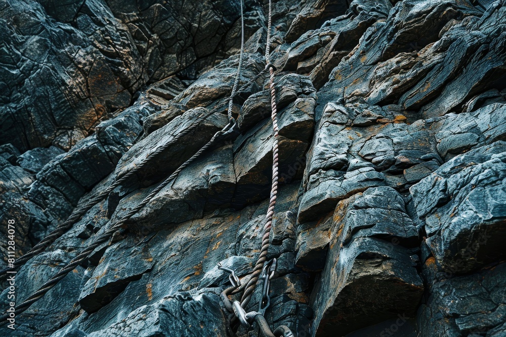 Poster man climbing up side of mountain, a network of ropes and anchors snakes its way up the cliff, a test