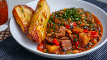 Delicious ghanaian bean stew and crispy fried plantains on a white plate, highlighting the rich tastes of west africa