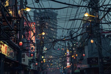 A busy city street packed with numerous overhead power lines and cables, A network of electrical wires and cables connecting a bustling metropolis