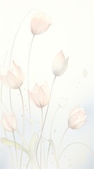 Craft a side view of delicate, pastel-hued tulips gracefully blooming in a lush spring garden Render intricate details in watercolor for a vibrant, ethereal feel