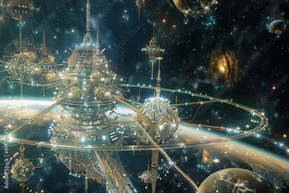 Poster a futuristic space station floats among various planets and stars in the vastness of space, a networ