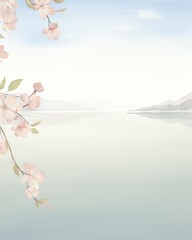 Experience the peaceful beauty of a birds-eye view of cherry blossoms in soft pink hues against a tranquil backdrop of a serene lake and distant mountains