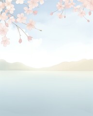 Experience the peaceful beauty of a birds-eye view of cherry blossoms in soft pink hues against a tranquil backdrop of a serene lake and distant mountains