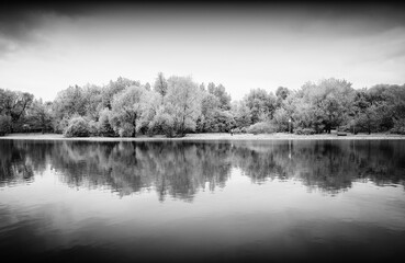 Park reflection in crystal clear lake surface black and white