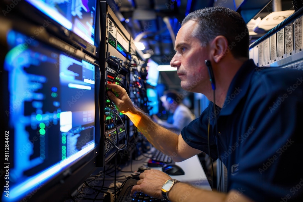 Poster a man is diligently working on a computer amidst server racks in a brightly lit server room, a netwo