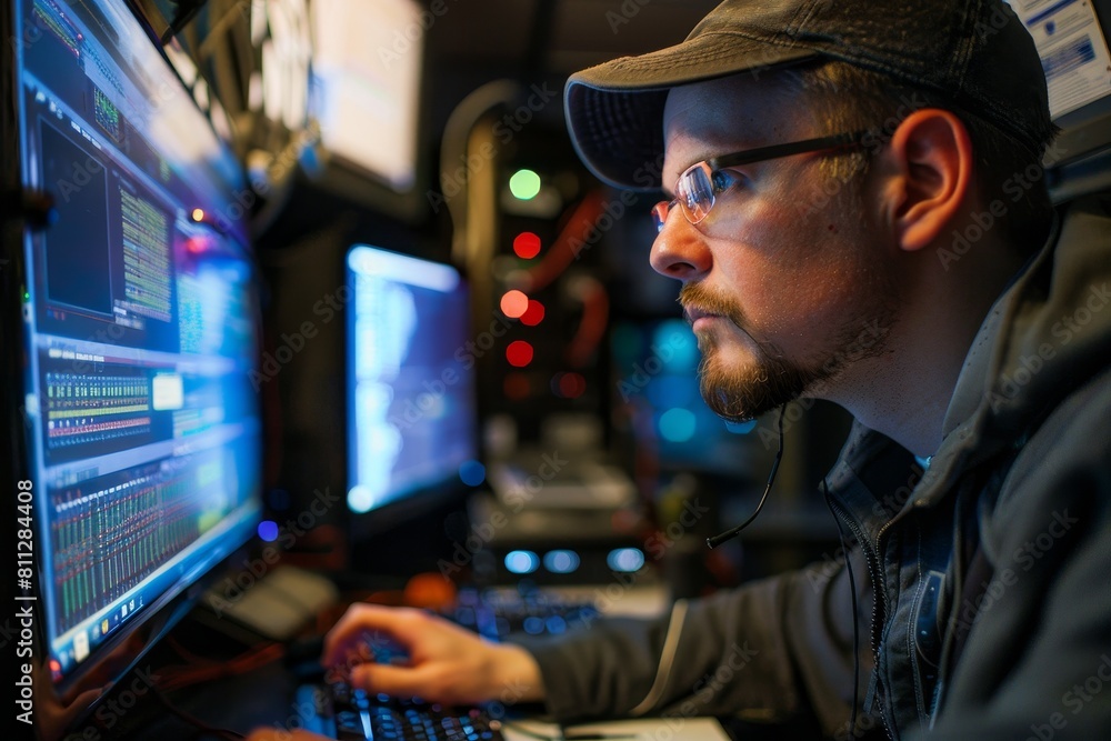 Poster a man wearing glasses and a hat is focused on working on a computer, a network security administrato
