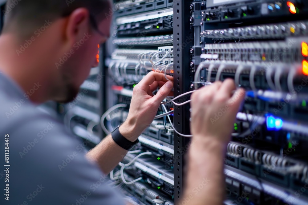 Poster a man is seen working on a server in a server room, configuring network security settings, a network