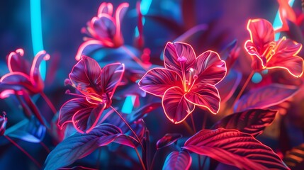 Create a photorealistic image of glowing neon tropical flowers in the dark
