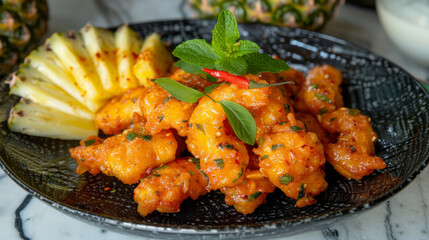 Fototapeta premium Authentic ghanaian kelewele: spicy fried plantains with herbs and chilli, accompanied by fresh pineapple slices on a sleek black platter