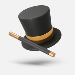 3d rendering illustration of a Cylinder magic hat with golden ribbon and fairytale wand. Vintage man fashion and magic show concept. Vector art isolated on white background