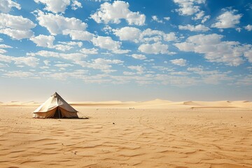 A nomadic tent stands alone in the vast desert landscape, A nomadic tent on the horizon surrounded by endless sand