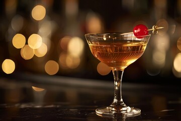 A traditional cocktail topped with a vibrant cherry on a wooden counter, A nostalgic and retro cocktail that channels the glitz and glamour of old Hollywood