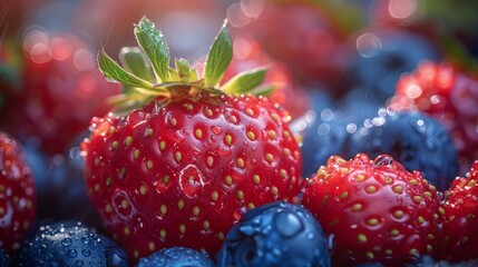 Macro berries explore the textures and colors of berries, such as strawberries, blueberries AI generated