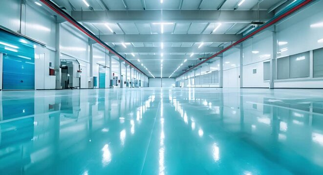 Brightly lit office warehouse with new epoxy resin floor after renovation. Concept Office Renovation, Epoxy Resin Floor, Bright Lighting, Warehouse Transformation, Industrial Design