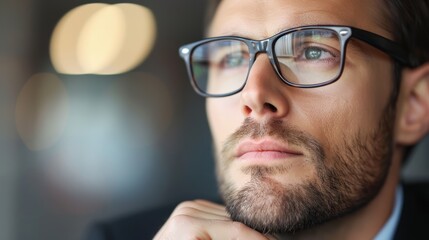 Contemplative young businessman in glasses looking out. Studio shot with soft focus and abstract lighting