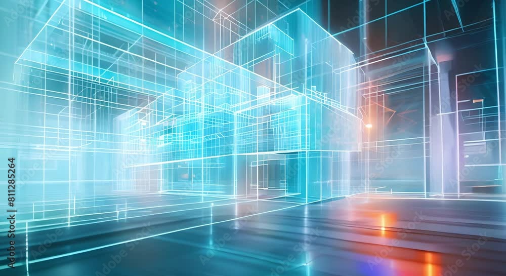 Poster a holographic wireframe of a building viewed by a professional engineer. concept architectural visua