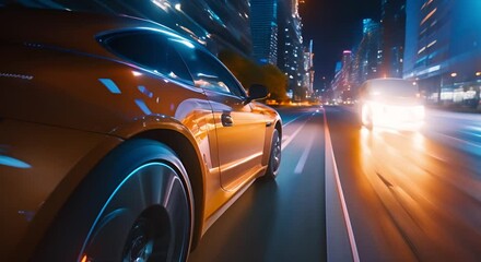 Quick car speeding through city at night with blurred lights streaking. Concept Night Cityscape, Speeding Car, Blurred Lights, Urban Lifestyle