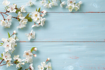 Cherry blossom branch flat lay mockup with copy space. Realistic white cherry blossoms branch,  isolated on light blue wooden background. Blooming sakura.